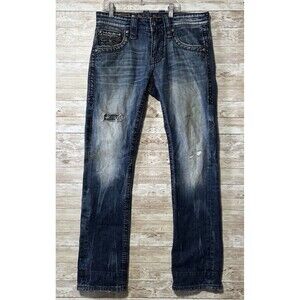 Rock Revival Luckett Slim Straight Jeans Mens 32x30.5 (Actual) Blue Distressed
